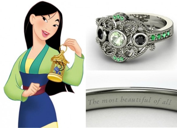 Esmeralda, ouro branco e diamantes negros compõem o anel da heroína Mulan