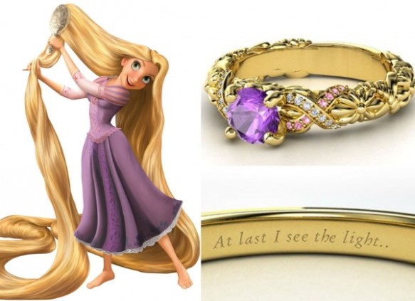 O trabalho na lateral do anel de Rapunzel feito em turmalina pink, ametistas e diamantes lembram os fios da princesa